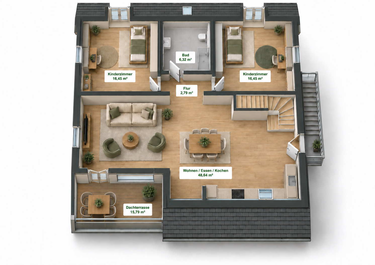 1. Obergeschoss mit Wohnbereich, Dachterrasse, zwei Zimmern und Bad